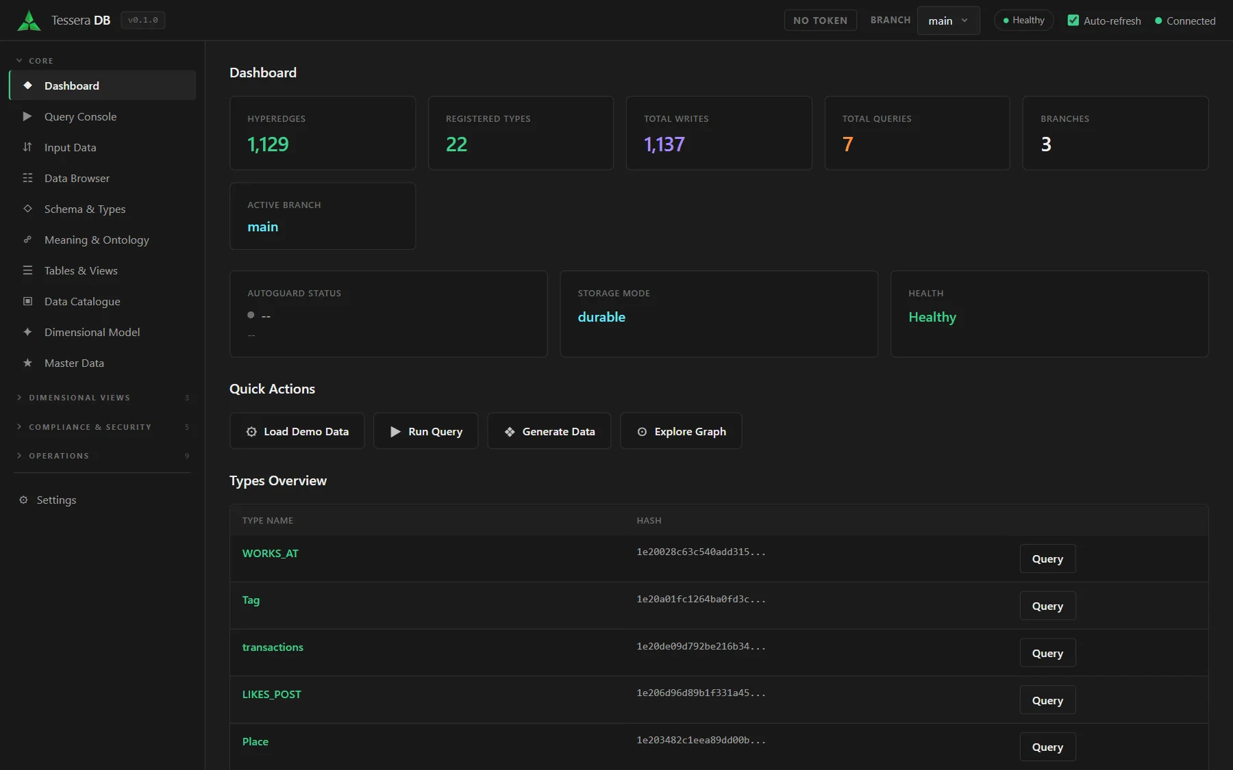 Tessera DB — Dashboard screen